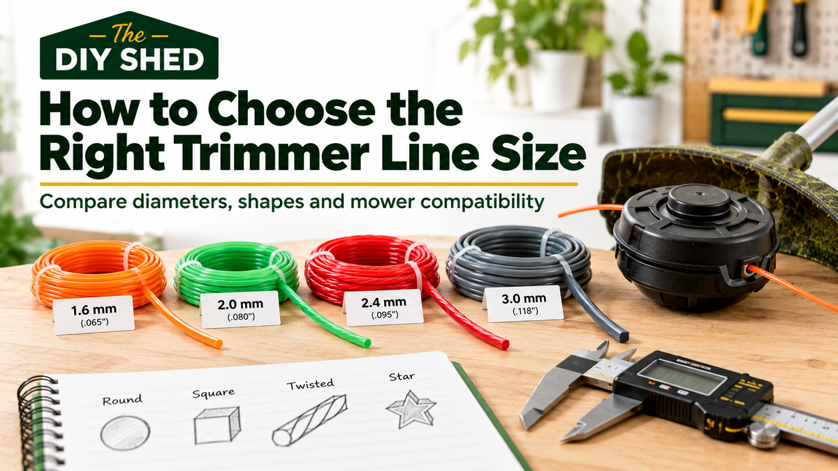 DIY Shed guide comparing trimmer line sizes and shapes