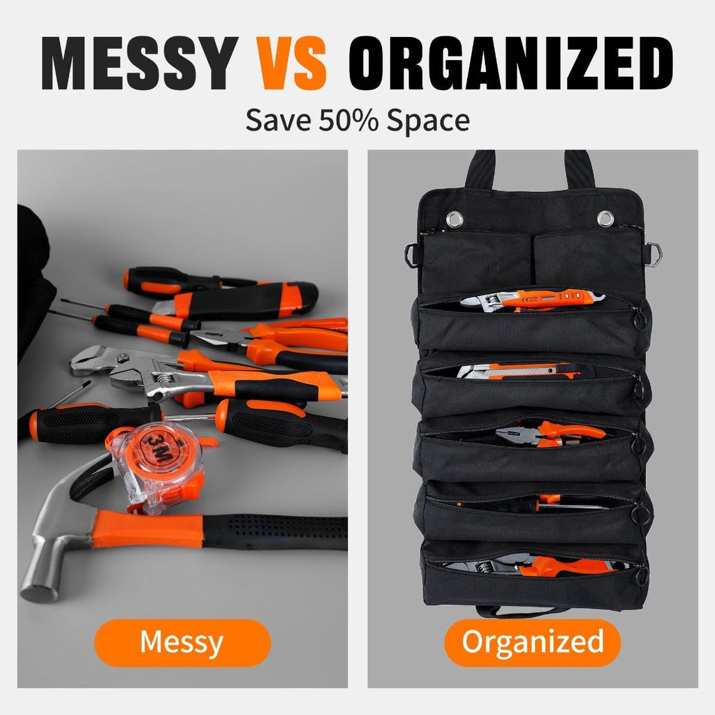 Roll-Up Tool Bag – 900D Oxford – 5 Compartments + 2 Detachable Pouches