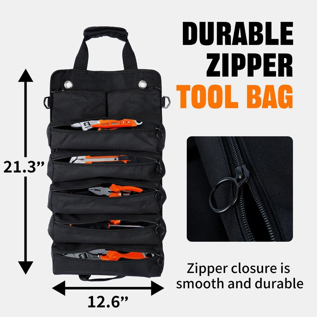 Roll-Up Tool Bag – 900D Oxford – 5 Compartments + 2 Detachable Pouches
