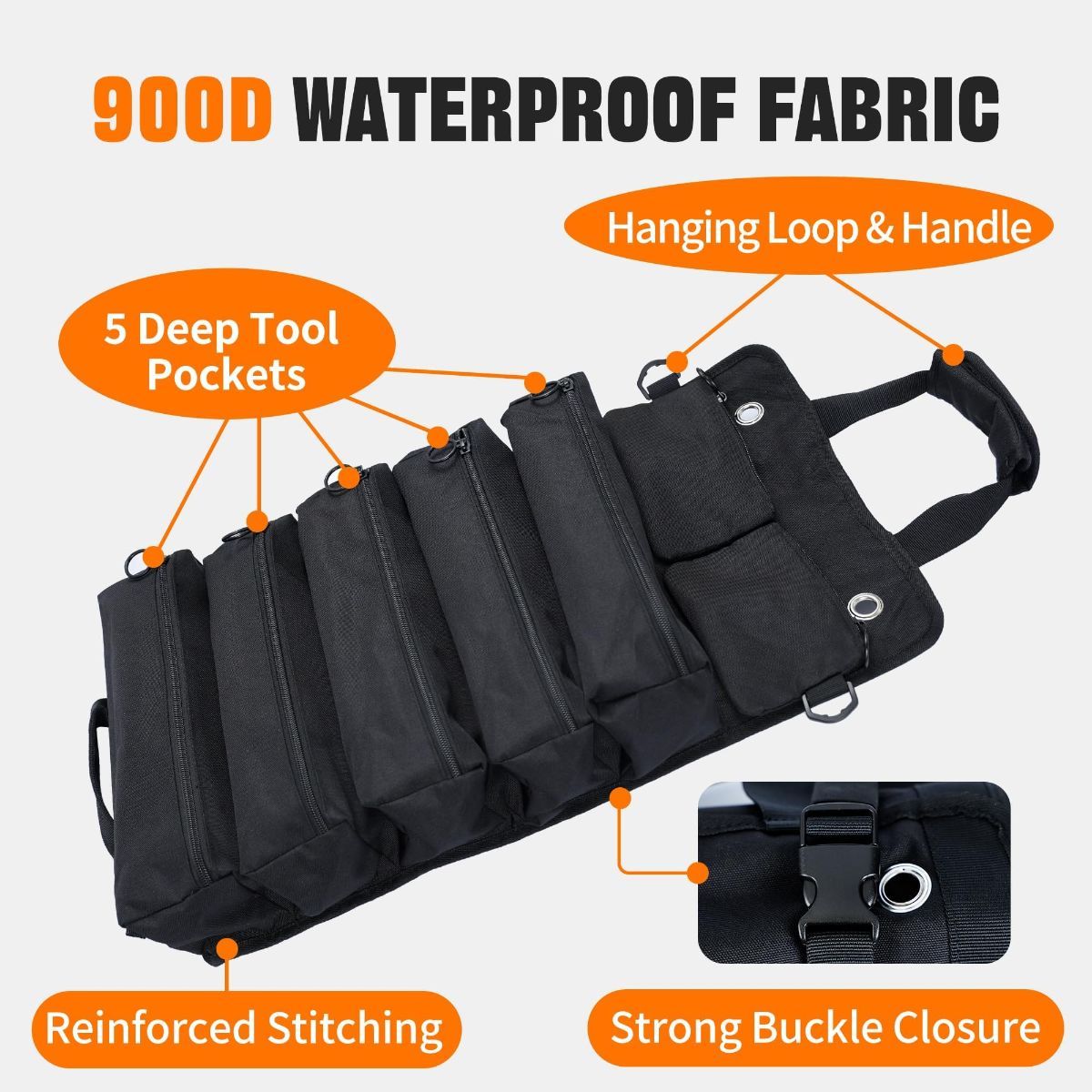 Roll-Up Tool Bag – 900D Oxford – 5 Compartments + 2 Detachable Pouches
