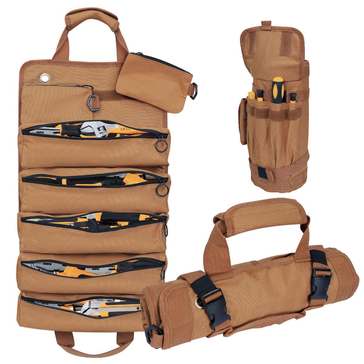 Roll-Up Tool Bag – 900D Oxford – 5 Compartments + 2 Detachable Pouches