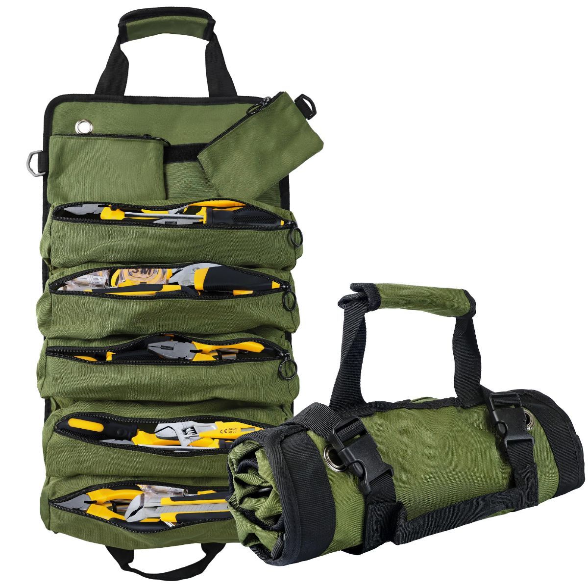 Roll-Up Tool Bag – 900D Oxford – 5 Compartments + 2 Detachable Pouches