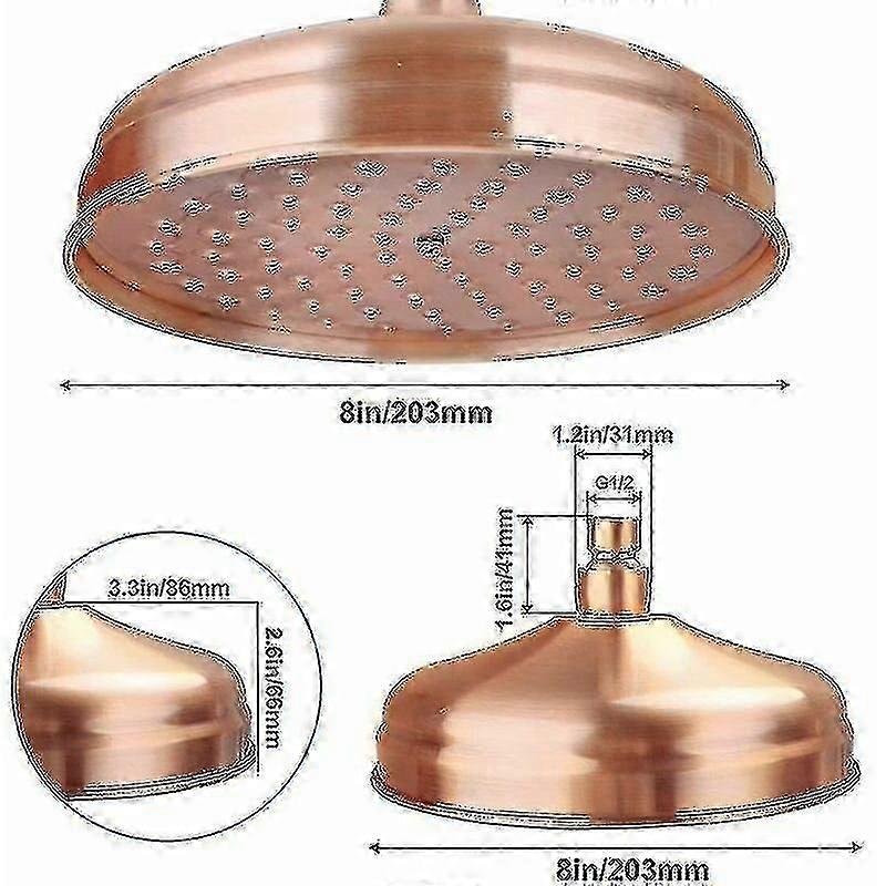 High Pressure Copper Rain Shower Head 20 cm (8 inch) Diameter Adjustable Angle Fixed for Standard Shower