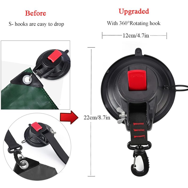 2 Piece Strong Car Anchor Suction Cups With Hook Fixing For Car Side Awning, Boat, Camping, Tarp, Tents, Luggage