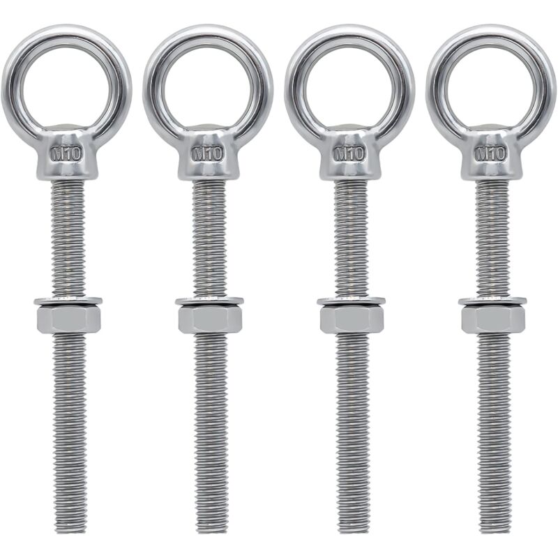 Eye Bolts M10 X 100Mm Stainless Steel Metric Thread M10 Eye Bolts For Fixing And Hanging, 4 Piece