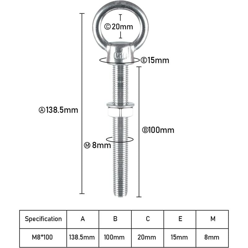 Eye Bolts M10 X 100Mm Stainless Steel Metric Thread M10 Eye Bolts For Fixing And Hanging, 4 Piece