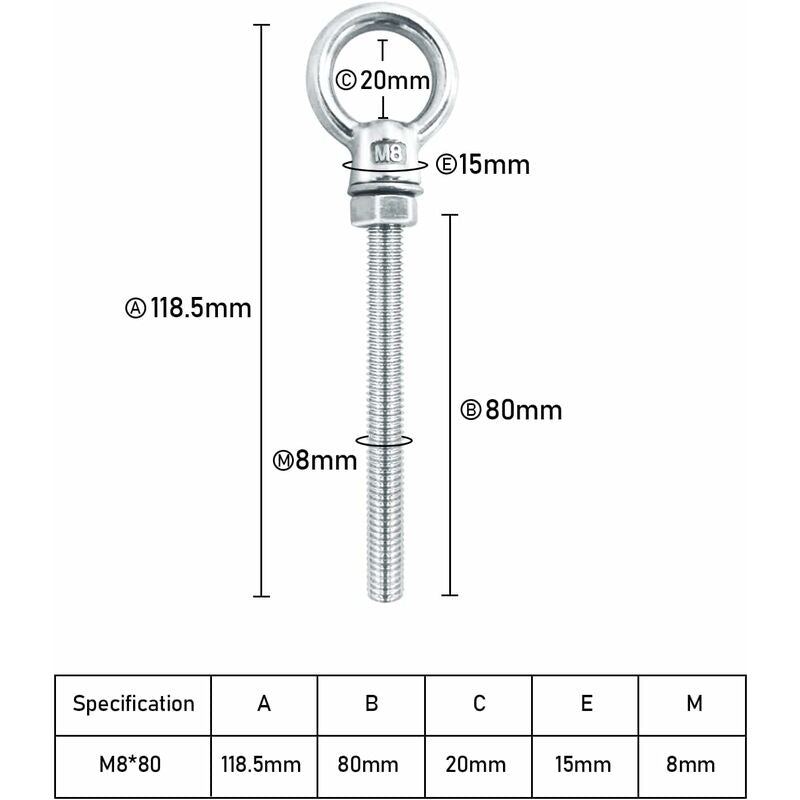 Eye Bolts M8 X 80Mm Stainless Steel Metric Thread M8 Eye Bolts For Fixing And Hanging, 6 Piece