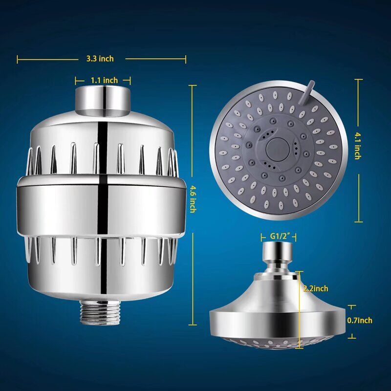 Fixed Shower Head with 15 Stage Anti Limescale Vitamin C High Flow Shower Filter