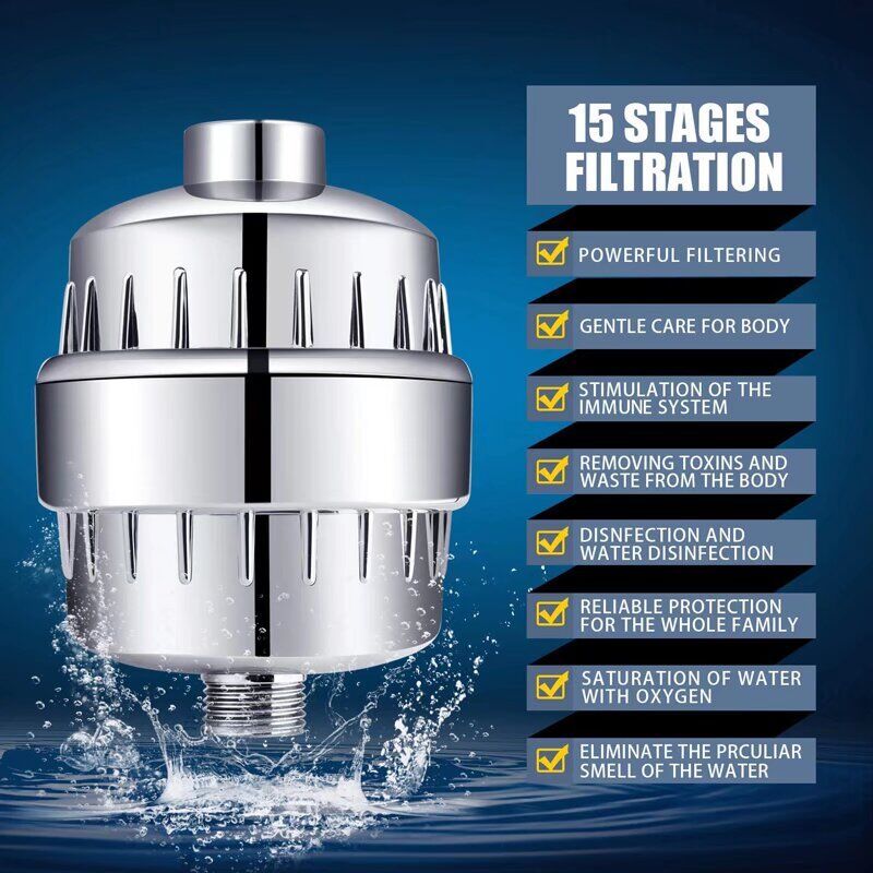 Fixed Shower Head with 15 Stage Anti Limescale Vitamin C High Flow Shower Filter