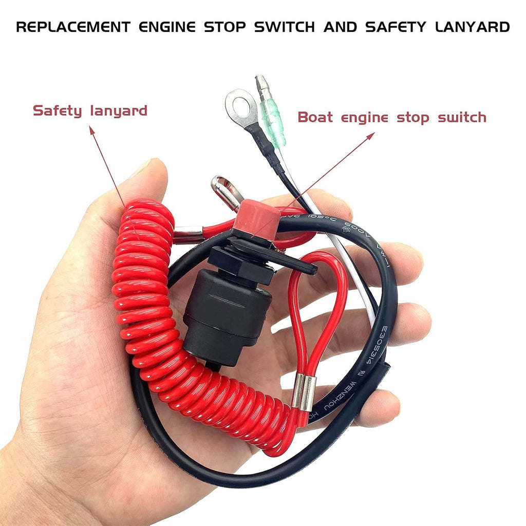 Boat Engine Emergency Stop Switch with Safety Tether Lanyard, Replacement Kill Switch Key for Yamaha, Tohatsu and