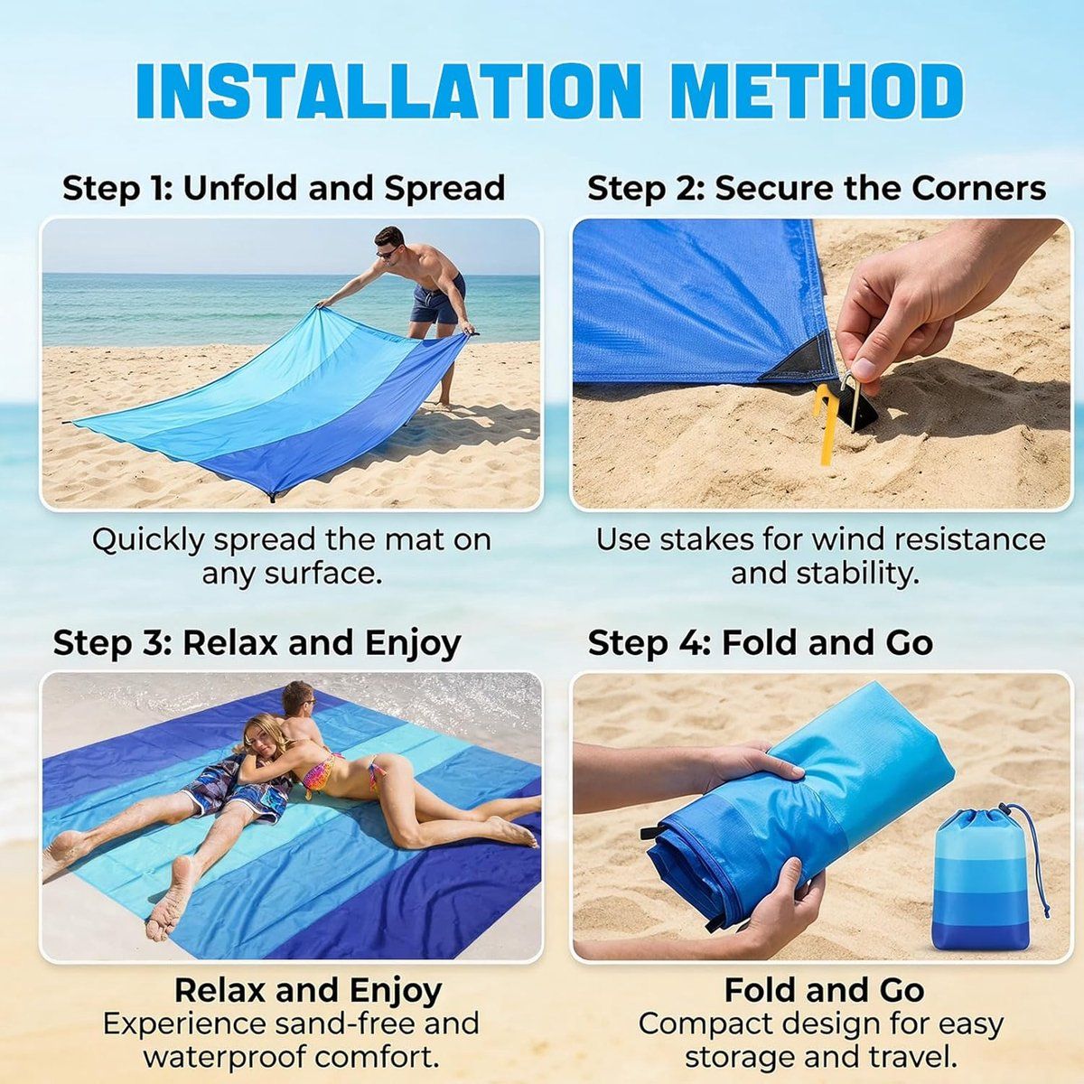 Waterproof Sand-Free Beach Mat, Foldable Outdoor Picnic Camping Blanket with Fixing Pegs