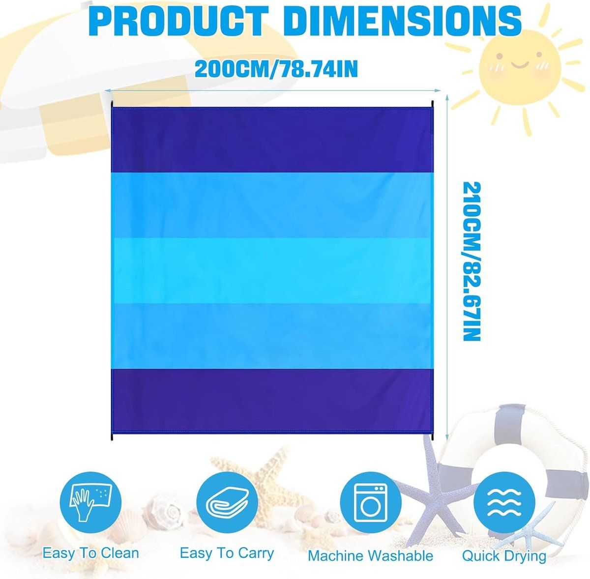 Waterproof Sand-Free Beach Mat, Foldable Outdoor Picnic Camping Blanket with Fixing Pegs