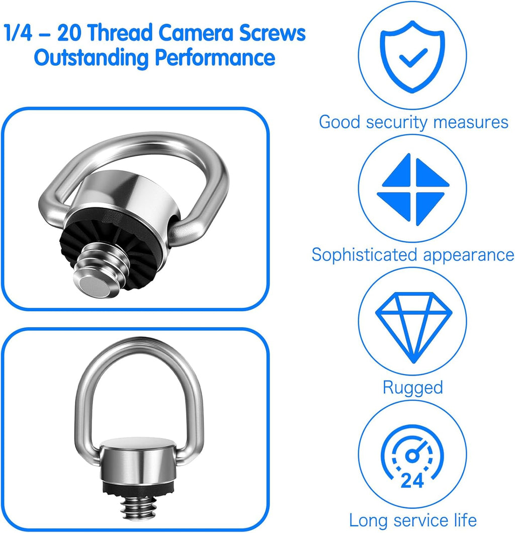 2 Pack D Ring Screw, 1/4"-20 Thread Camera Aluminium Alloy Fixing Screw with Rubber Padded Hinged Holder Quick
