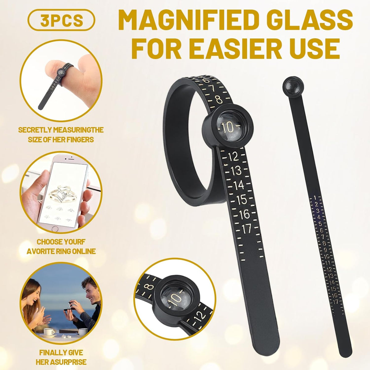 Ring Sizer Measuring Tool with Magnifier – US Sizes 1–17 – 3 Pack