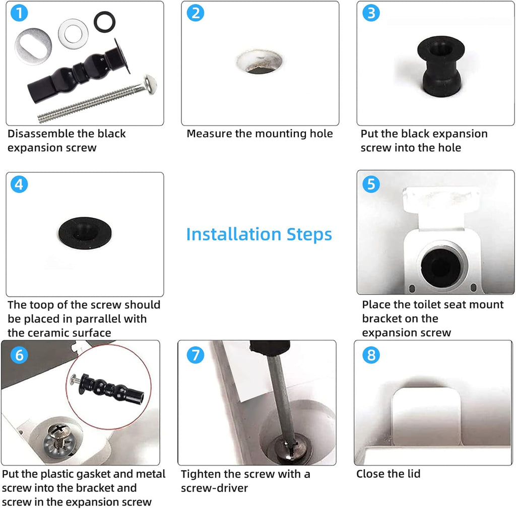 6 Pack Universal Toilet Seat Hinges Screw – Blind Hole Fixings Expanding Rubber Top Fix Nuts for Top Mounting – 3