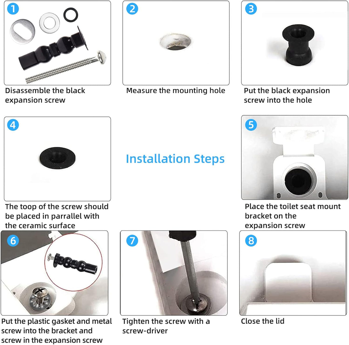 6 Pack Universal Toilet Seat Hinges Screw – Blind Hole Fixings Expanding Rubber Top Fix Nuts for Top Mounting – 3