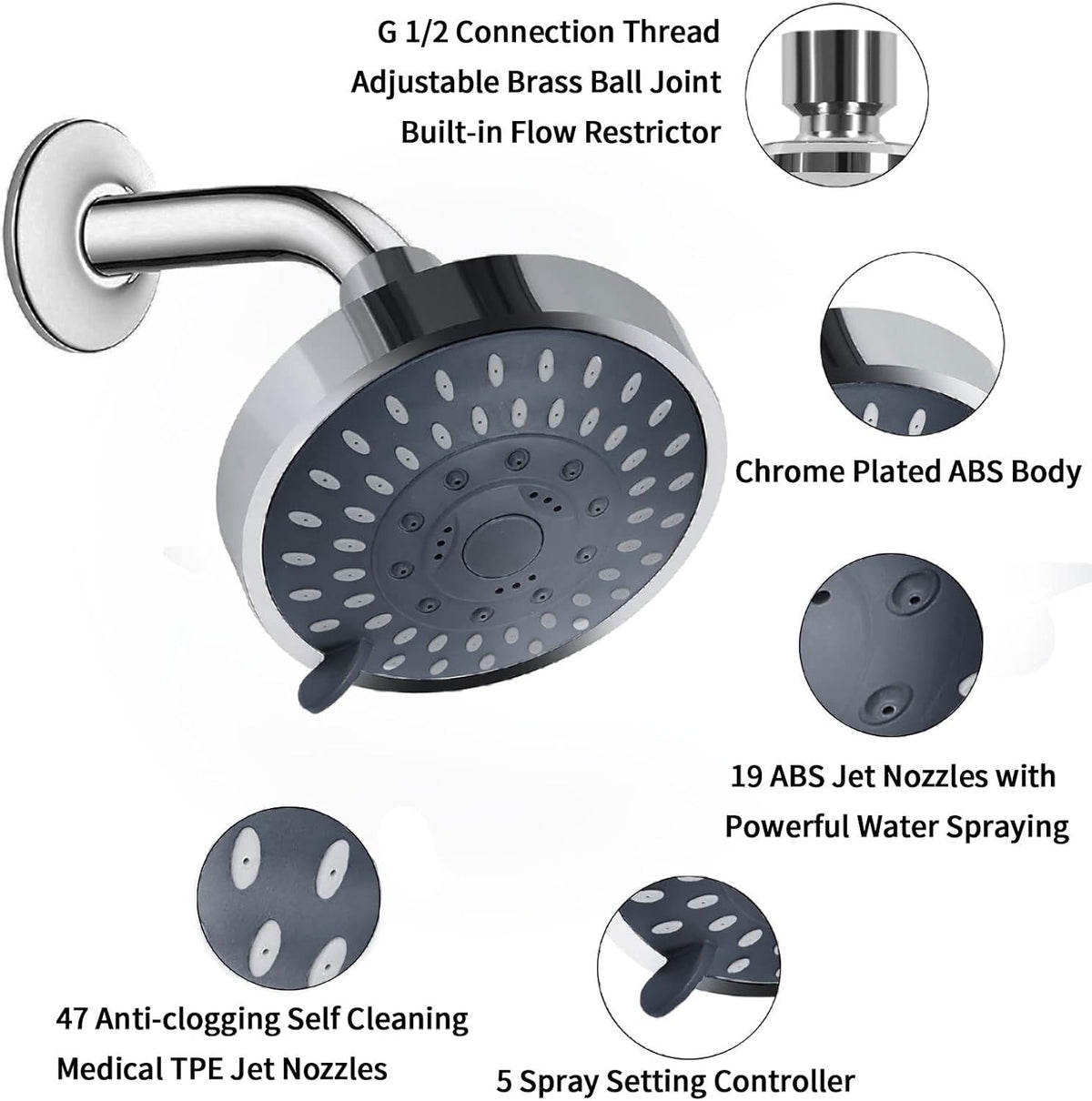 Shower Head High Pressure Rain Fixed Showerhead 5-Setting with Adjustable Metal Swivel Ball Joint – Relaxed Shower