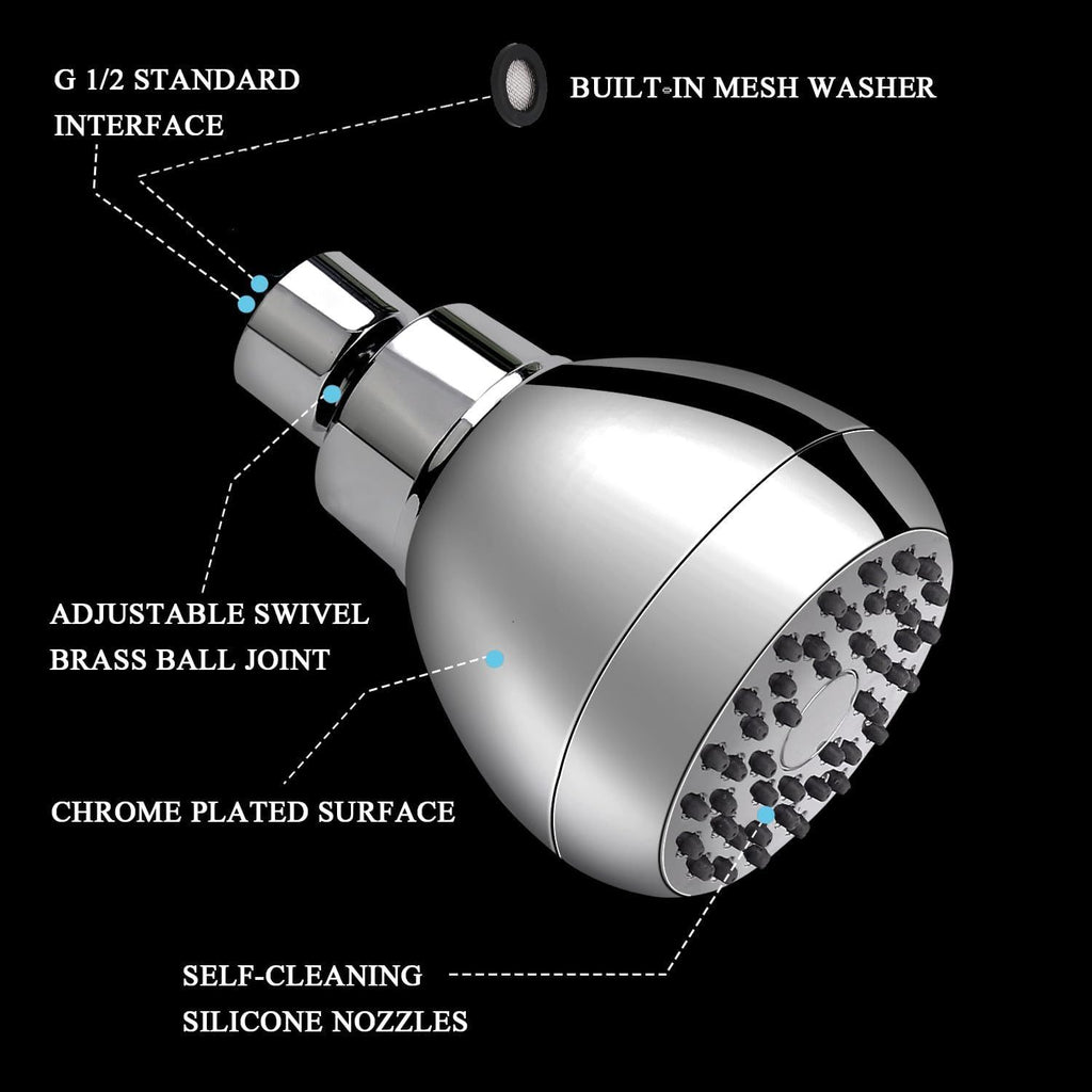 High Pressure Shower Head 3 Inches Anti-clog Anti-leak Fixed Showerhead Chrome with Adjustable Swivel Brass Ball