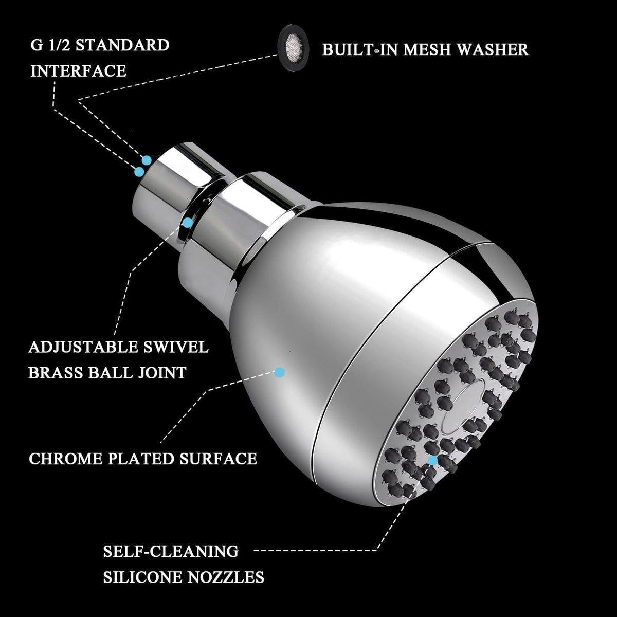 High Pressure Shower Head 3 Inches Anti-clog Anti-leak Fixed Showerhead Chrome with Adjustable Swivel Brass Ball