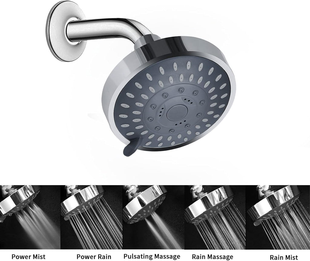 Shower Head, High Pressure Shower Heads 4.1 Inch 5 Settings Rain High Flow Fixed Showerhead for Luxury Shower
