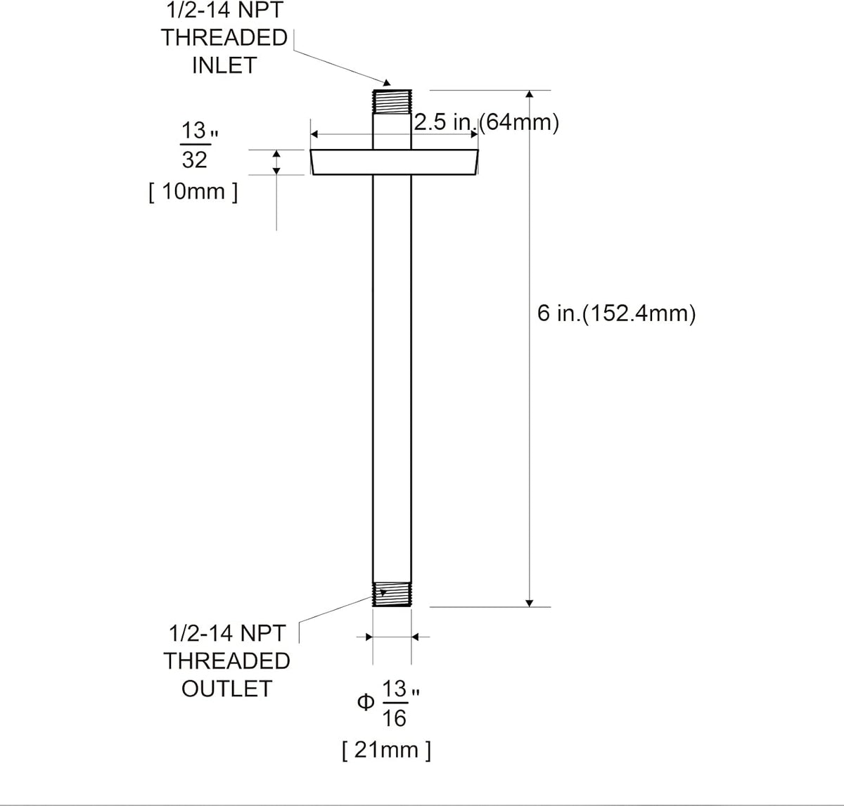 Shower Arm with Flange, 6 in Ceiling Mount Replacement Rain Shower Head Straight Arm Ceiling-Mounted For Fixed Shower