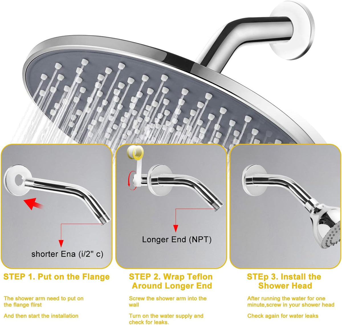 Shower Arm Flange Shower Pipe Arm 6 Inches Shower Head Mount 304 Stainless Steel Shower Handle Replacement Wall Mount