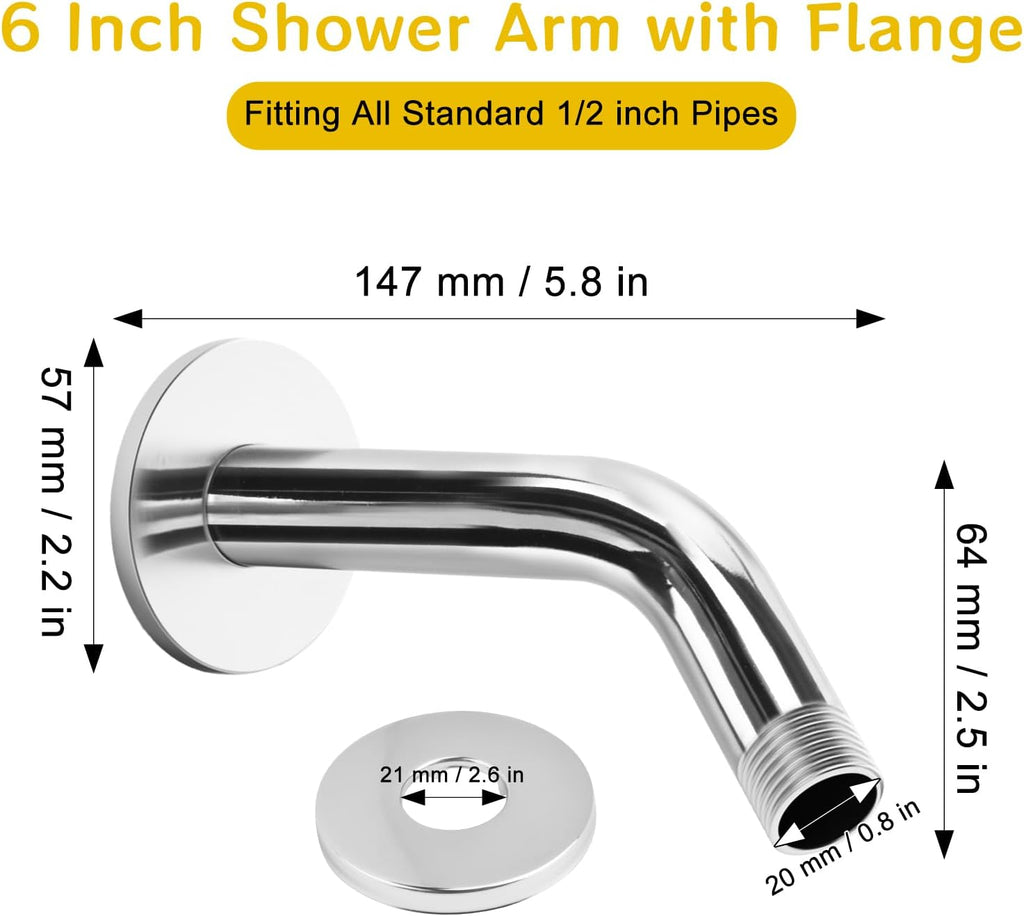 Shower Arm Flange Shower Pipe Arm 6 Inches Shower Head Mount 304 Stainless Steel Shower Handle Replacement Wall Mount