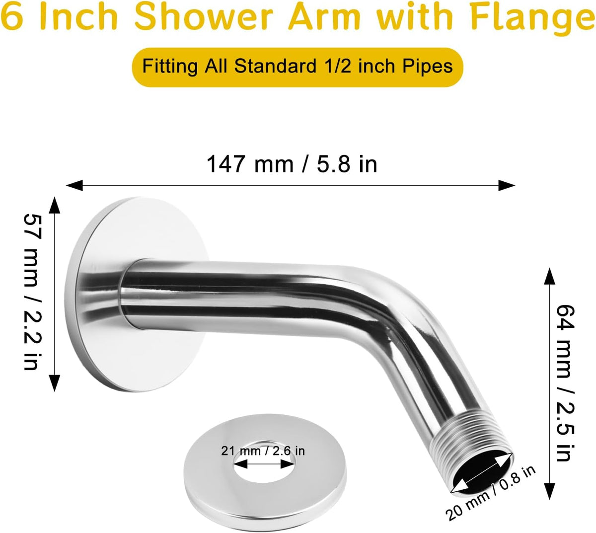 Shower Arm Flange Shower Pipe Arm 6 Inches Shower Head Mount 304 Stainless Steel Shower Handle Replacement Wall Mount