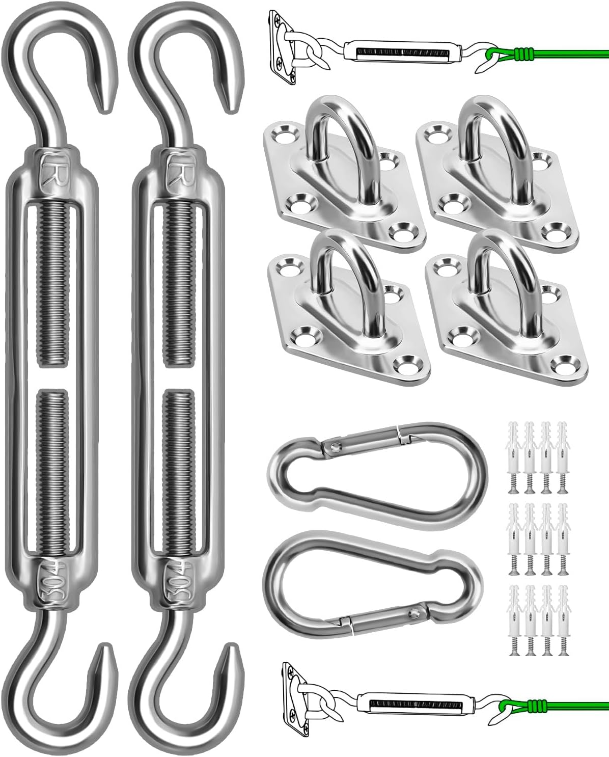 Sun Shade Sail Hardware Kit, 304 Stainless Steel Sunshades Canopy Installation Kit for Garden Rectangle & Triangle