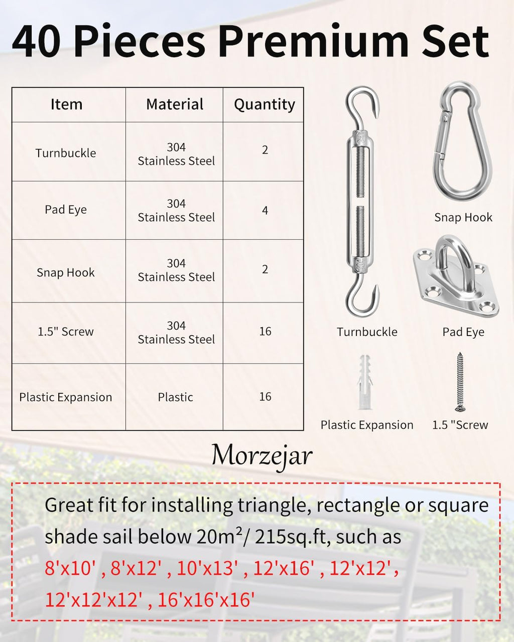 Sun Shade Sail Hardware Kit, 304 Stainless Steel Sunshades Canopy Installation Kit for Garden Rectangle & Triangle