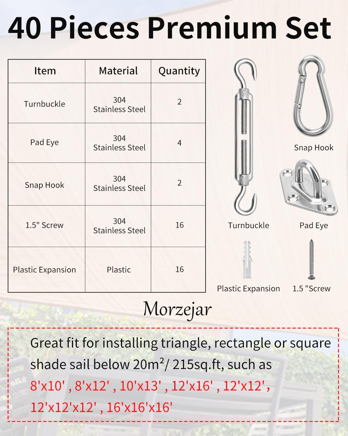 Sun Shade Sail Hardware Kit, 304 Stainless Steel Sunshades Canopy Installation Kit for Garden Rectangle & Triangle
