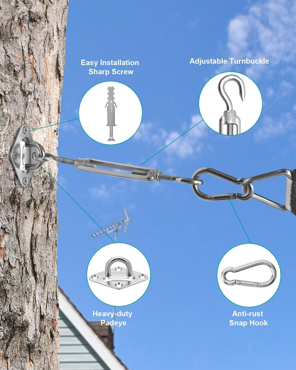Sun Shade Sail Hardware Kit, 304 Stainless Steel Sunshades Canopy Installation Kit for Garden Rectangle & Triangle