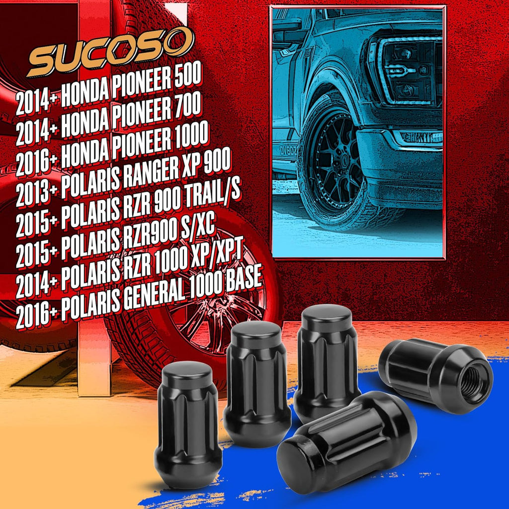 M12x1.5 Lug Nuts, 16 Piece 6 Spline LugNut with Socket for Polaris RZR, ATV 12x1.5 Black Wheel LugNuts for Ranger XP
