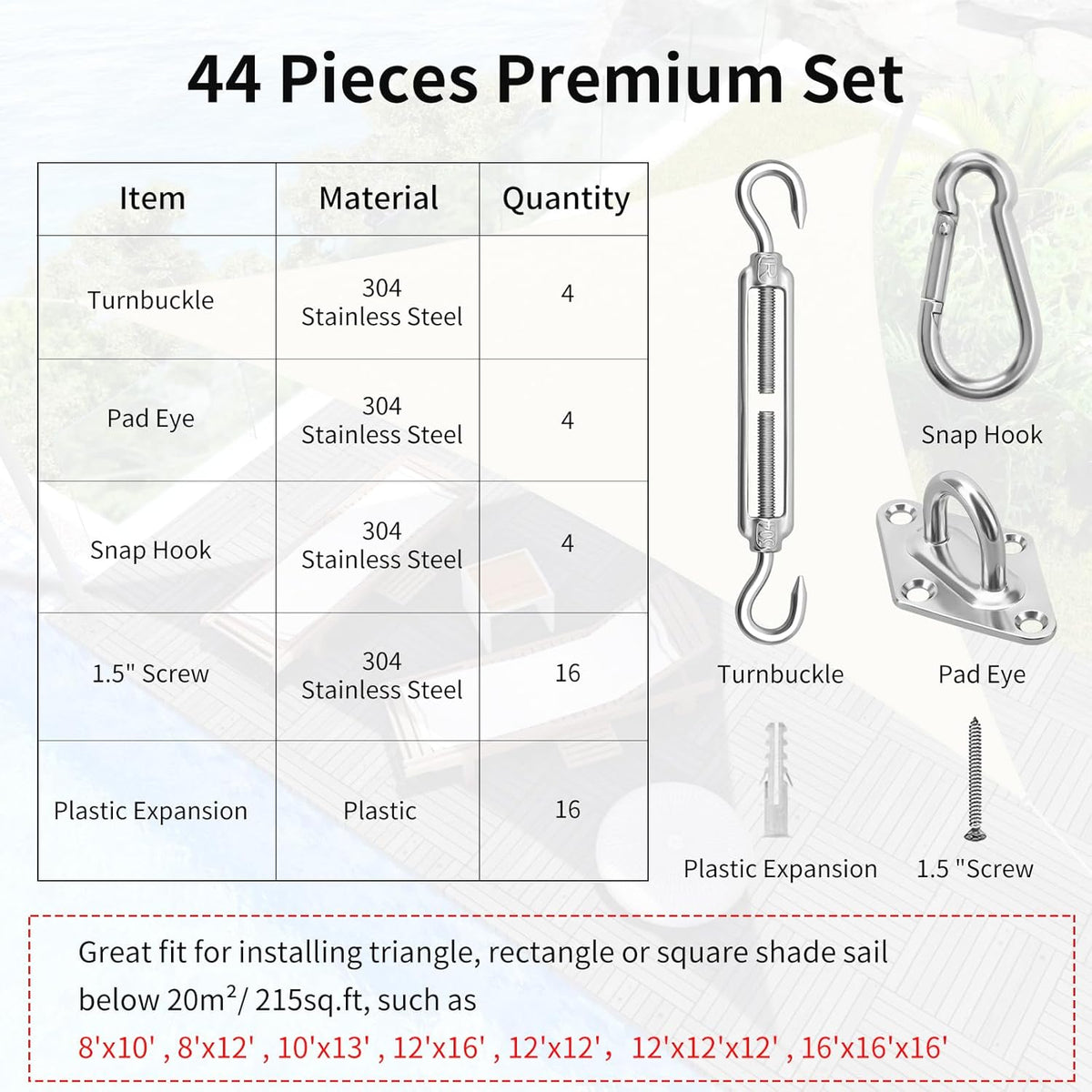 Sun Shade Sail Hardware Kit 6 Inch for Rectangle & Triangle Shade Sail Install
