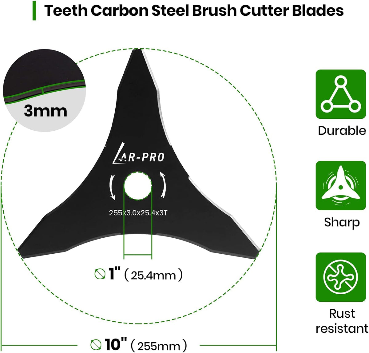 Brush Cutter Blade Set – 10in 3-Tooth Carbon Steel – 20/25.4mm Arbor – 2 Pack