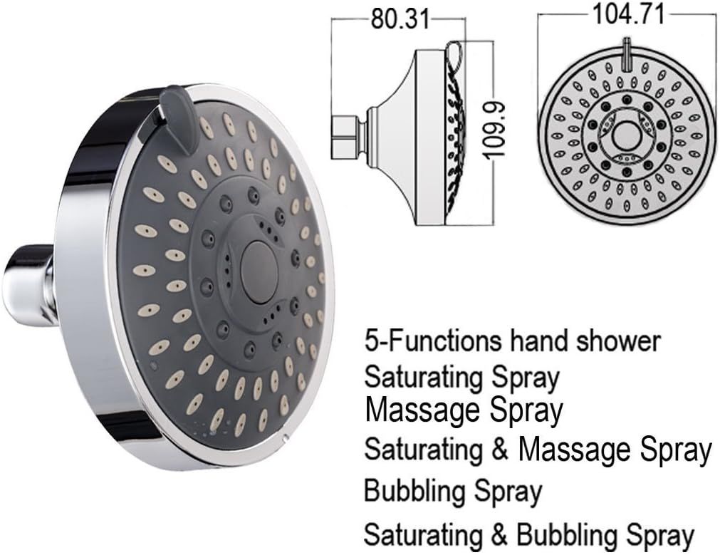 Shower Head High High Flow Pressure Rain Fixed Showerhead 5-Setting with Bathroom Showerhead with Adjustable Brass