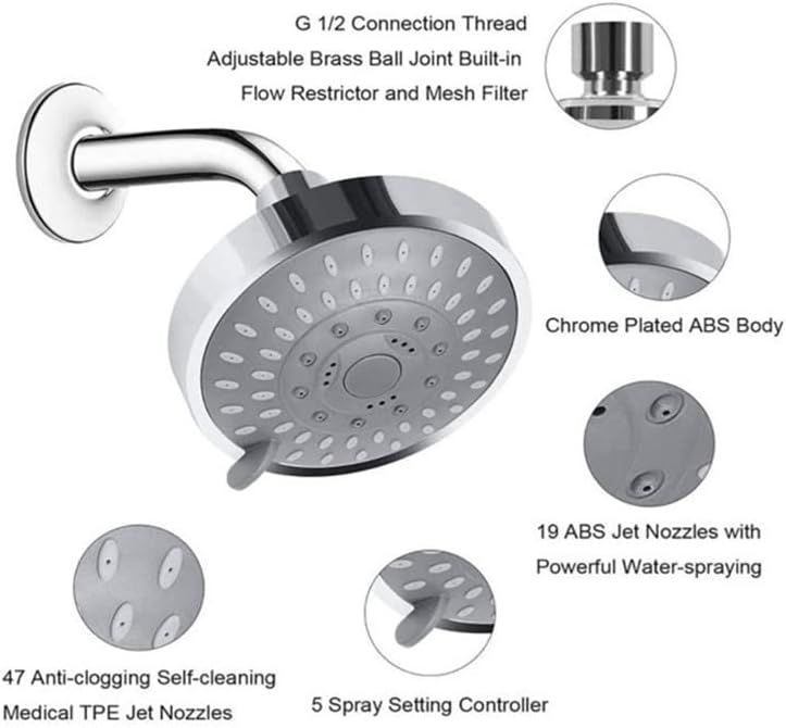 Shower Head High High Flow Pressure Rain Fixed Showerhead 5-Setting with Bathroom Showerhead with Adjustable Brass
