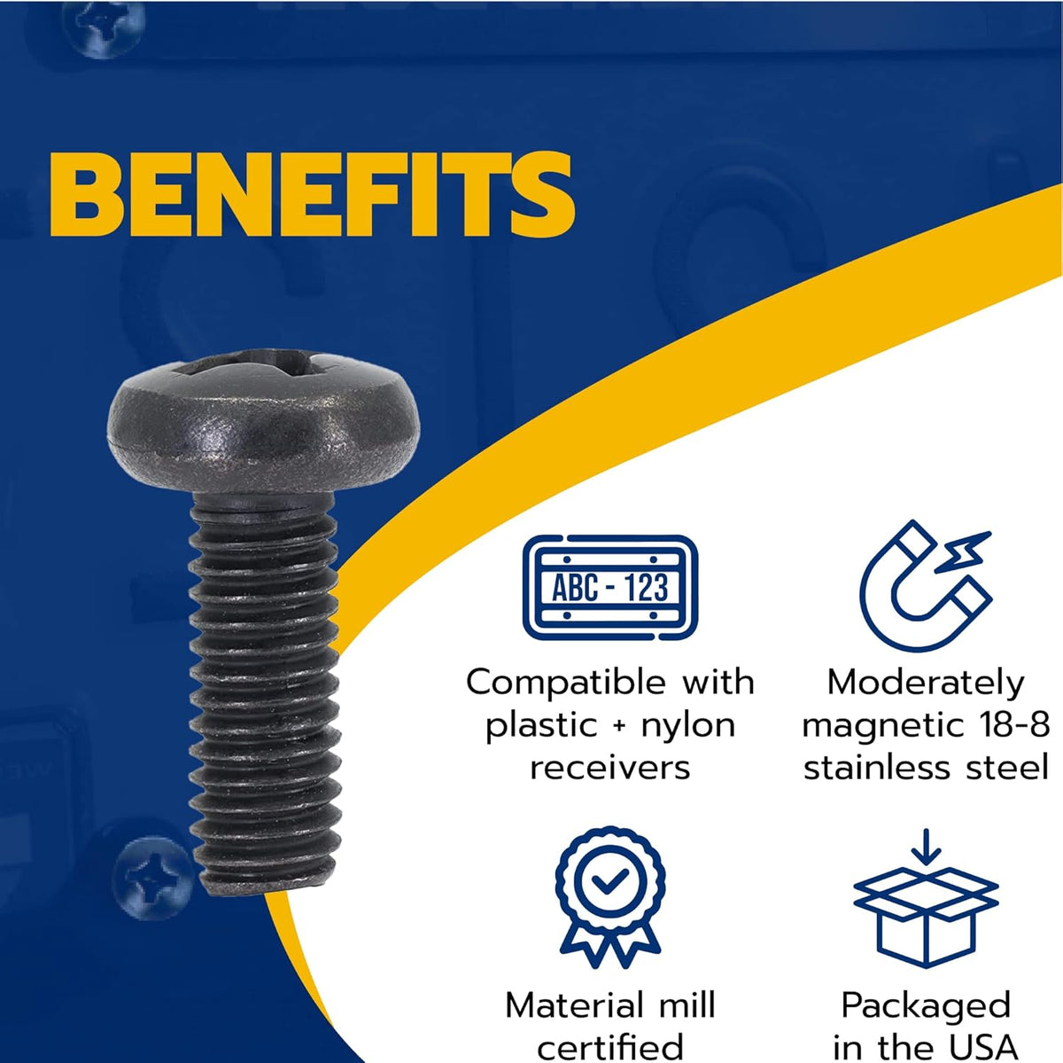 Black License Plate Screws for Lexus, Toyota, and Honda, Phillips Machine Pan Head 18-8, Stainless Steel, M6-1.0 x 16