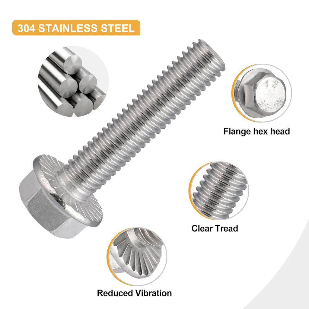 M8-1.25 x 25mm Flanged Hex Head Bolts, 304 Stainless Steel 18-8, Fully Threaded