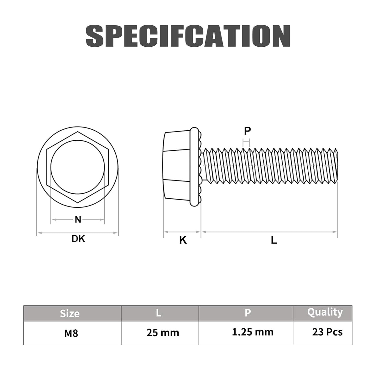 M8-1.25 x 25mm Flanged Hex Head Bolts, 304 Stainless Steel 18-8, Fully Threaded