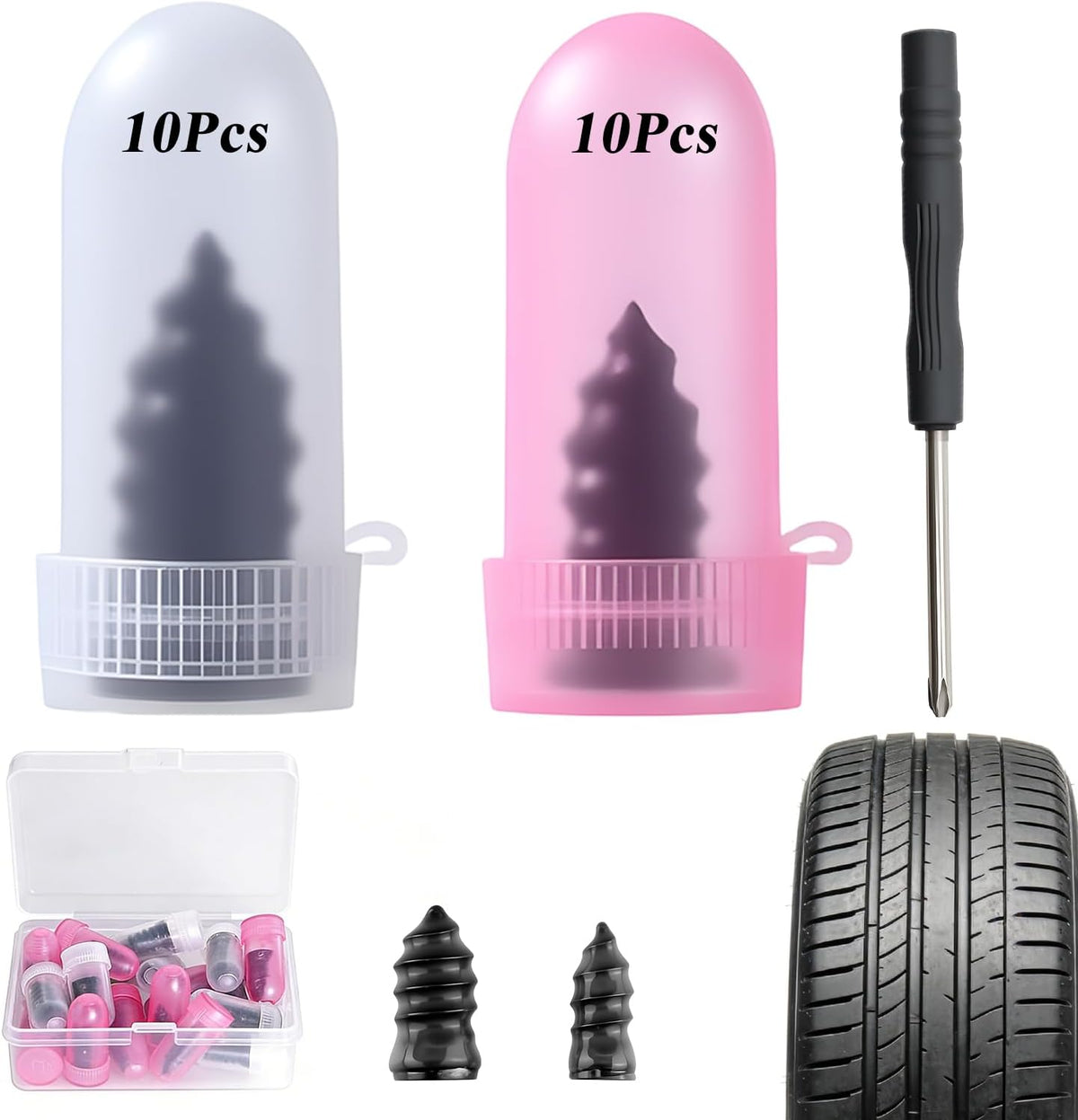 Tyre Repair Rubber Nail Kit, Premium Spiral Screw-in Tyre Plugs with 2 Sizes