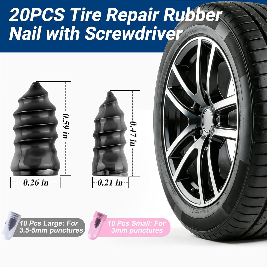 Tyre Repair Rubber Nail Kit, Premium Spiral Screw-in Tyre Plugs with 2 Sizes