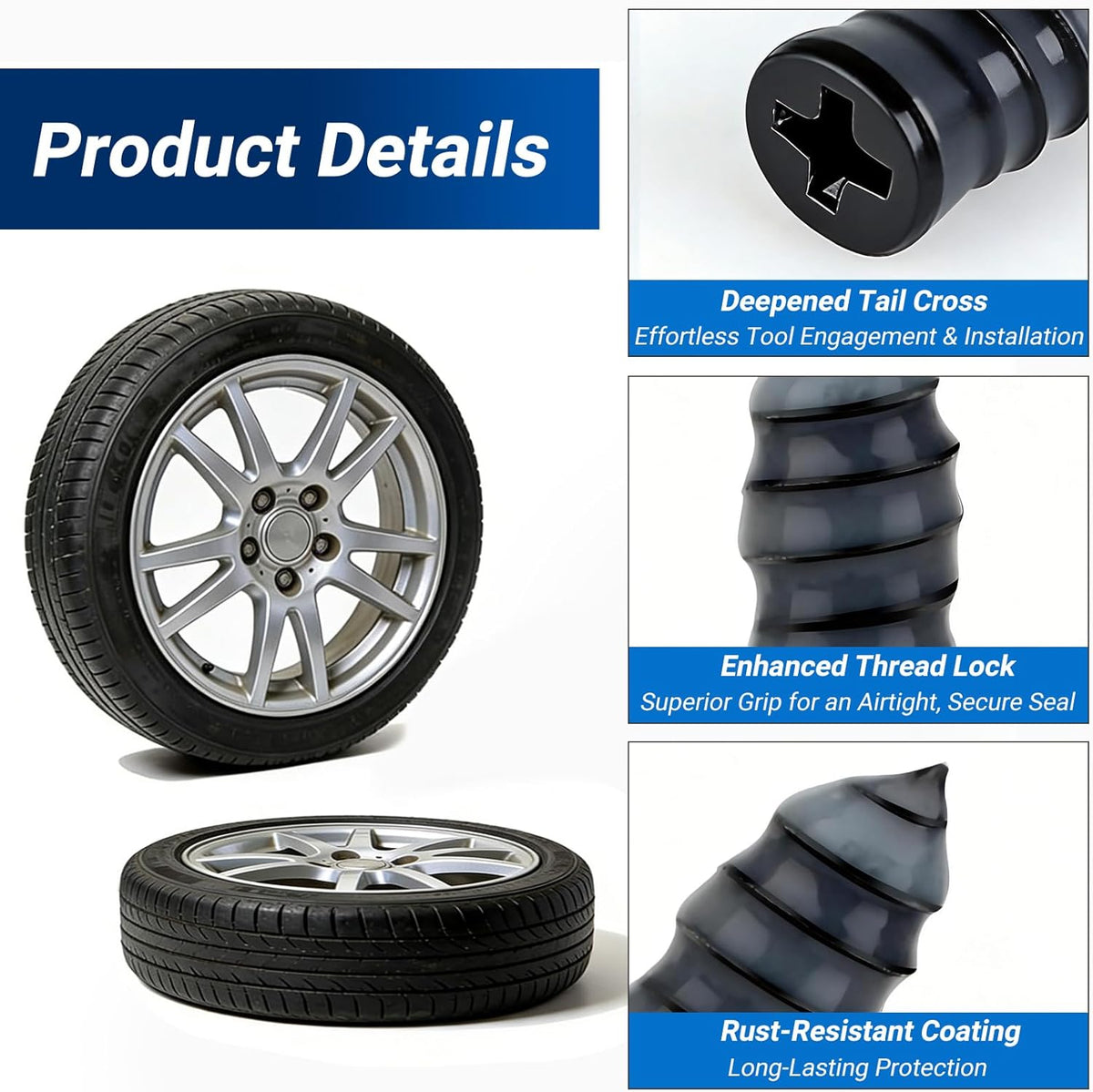 Tyre Repair Rubber Nail Kit, Premium Spiral Screw-in Tyre Plugs with 2 Sizes