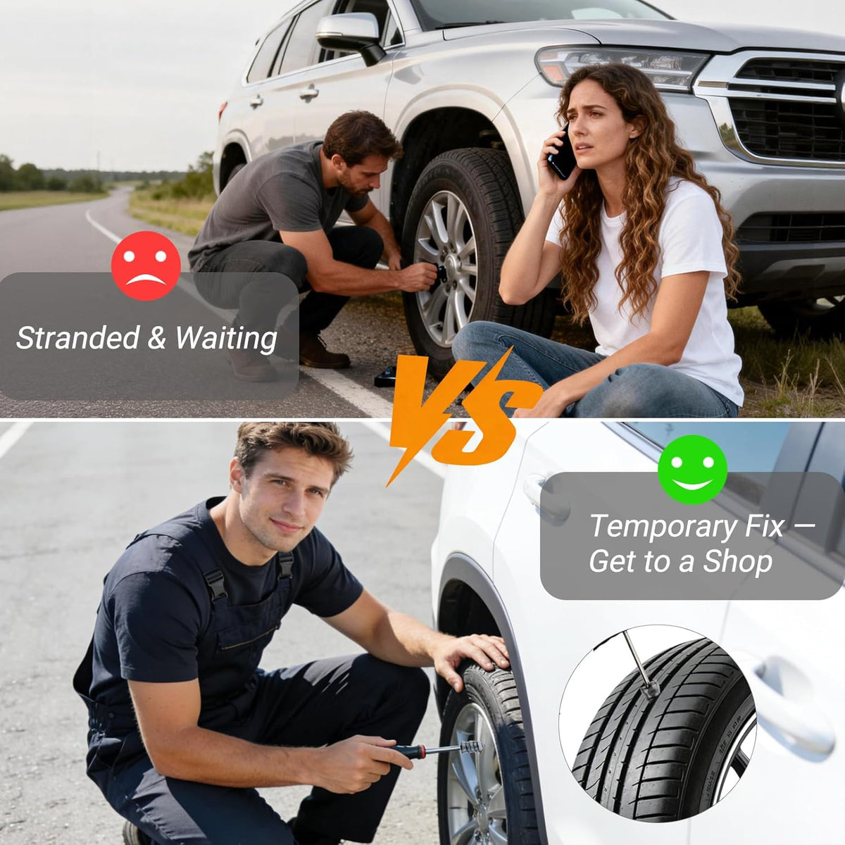 Tyre Repair Rubber Nail Kit, Premium Spiral Screw-in Tyre Plugs with 2 Sizes