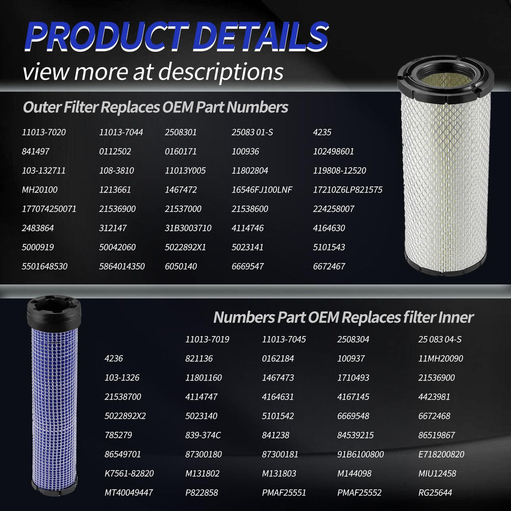 Kawasaki 11013-7044 & 11013-7045 Inner & Outer Air Filter Cleaners Combo OEM for Donaldson Kohler 25-083-01-S