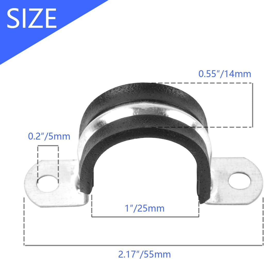 1 Inch Reinforced Rigid Pipe Strap, 2 Holes U Bracket Cable Clamp Hanger, Rubber Cushioned Insulated Clamp
