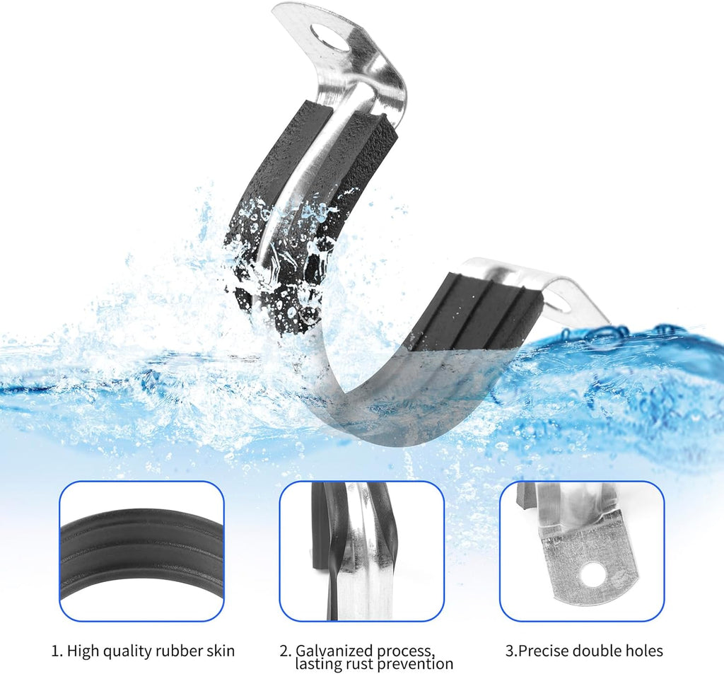 1 Inch Reinforced Rigid Pipe Strap, 2 Holes U Bracket Cable Clamp Hanger, Rubber Cushioned Insulated Clamp