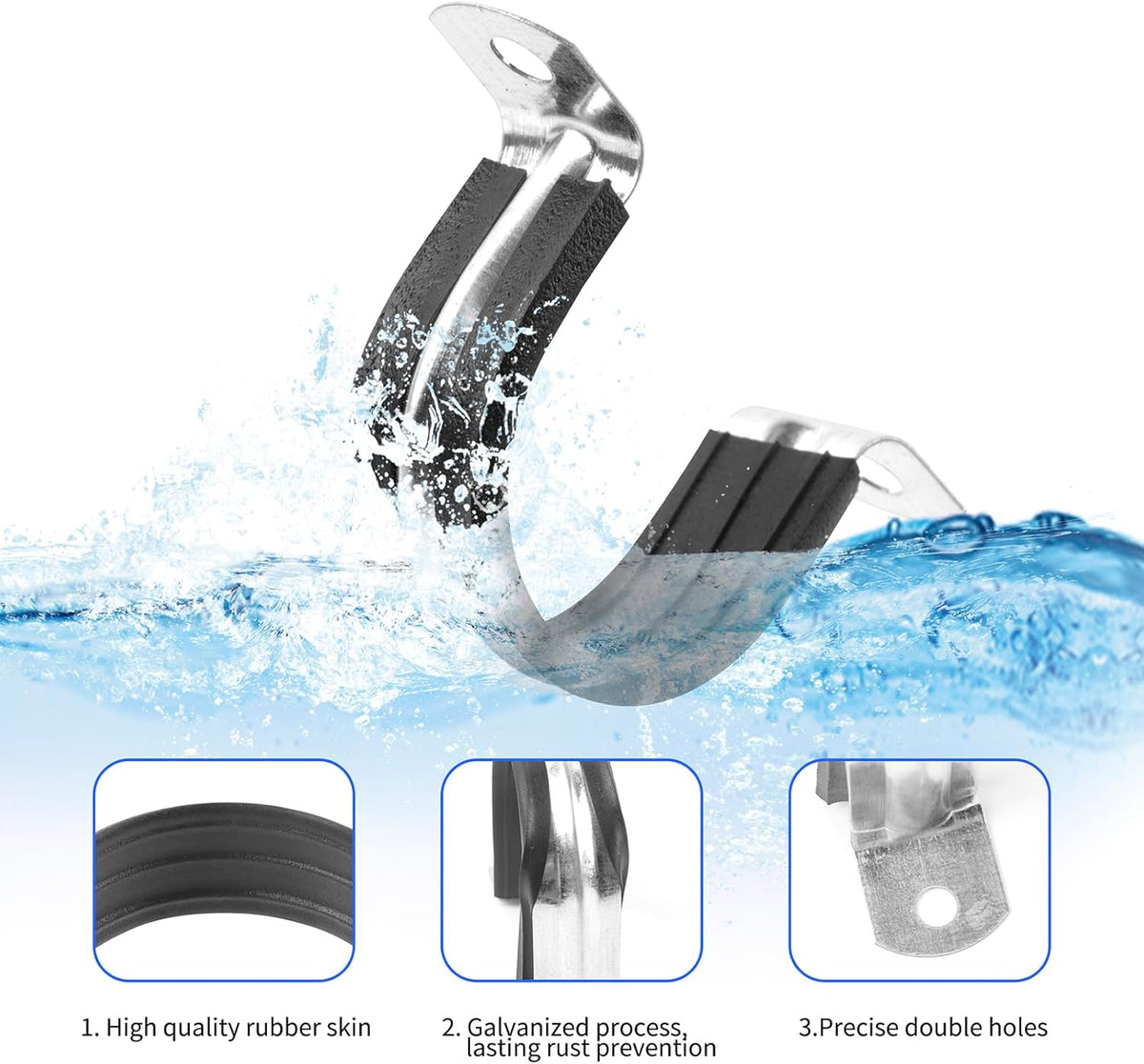 1 Inch Reinforced Rigid Pipe Strap, 2 Holes U Bracket Cable Clamp Hanger, Rubber Cushioned Insulated Clamp
