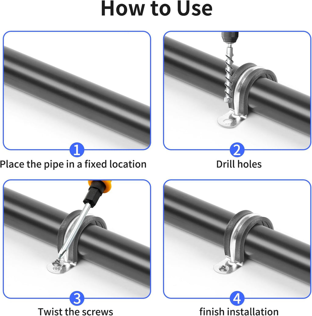 1 Inch Reinforced Rigid Pipe Strap, 2 Holes U Bracket Cable Clamp Hanger, Rubber Cushioned Insulated Clamp