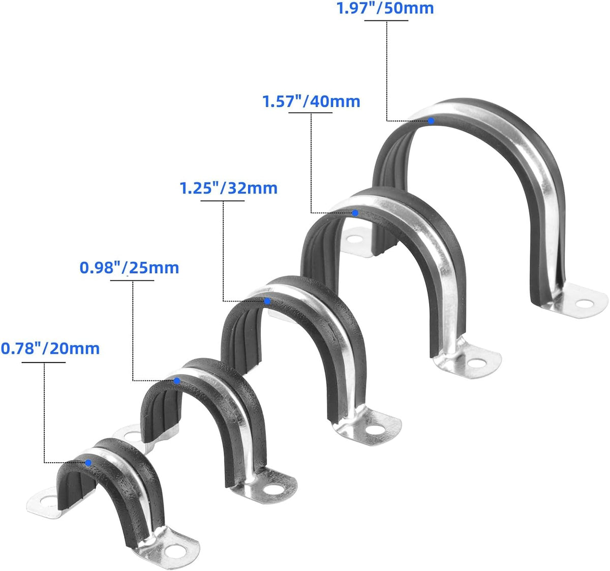 1 Inch Reinforced Rigid Pipe Strap, 2 Holes U Bracket Cable Clamp Hanger, Rubber Cushioned Insulated Clamp